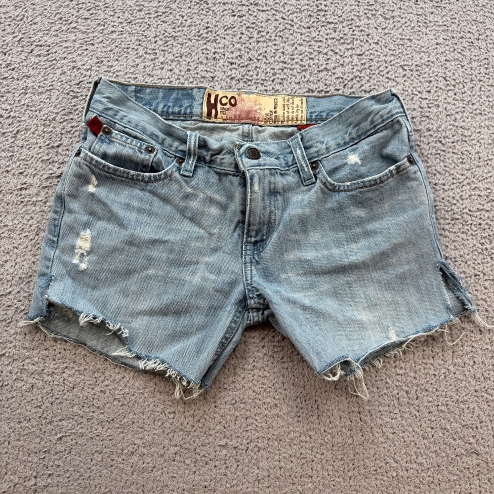 Hollister Co Y2K Distressed Rhinestone Seagull Denim Shorts Light Wash 28 Waist